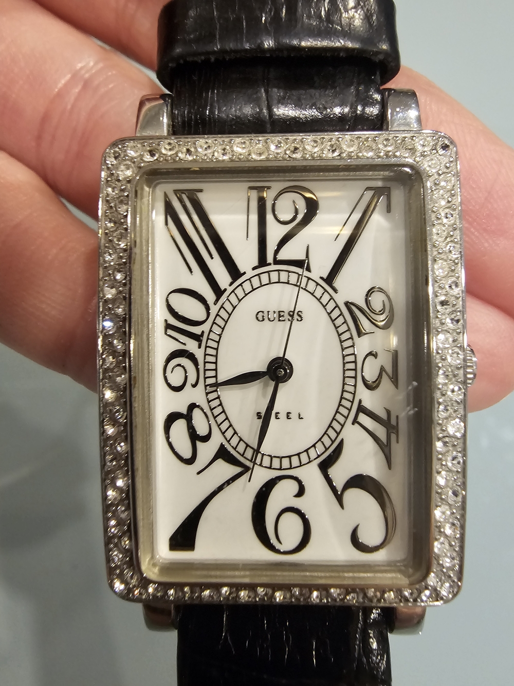 GUESS Crystal-Trim Rectangular White Dial Watch